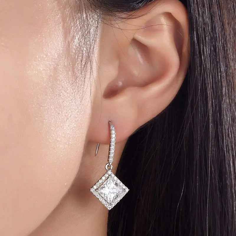 3 Carat Created Princess Cut Diamond Dangle Drop Sterling 925 Silver Earrings