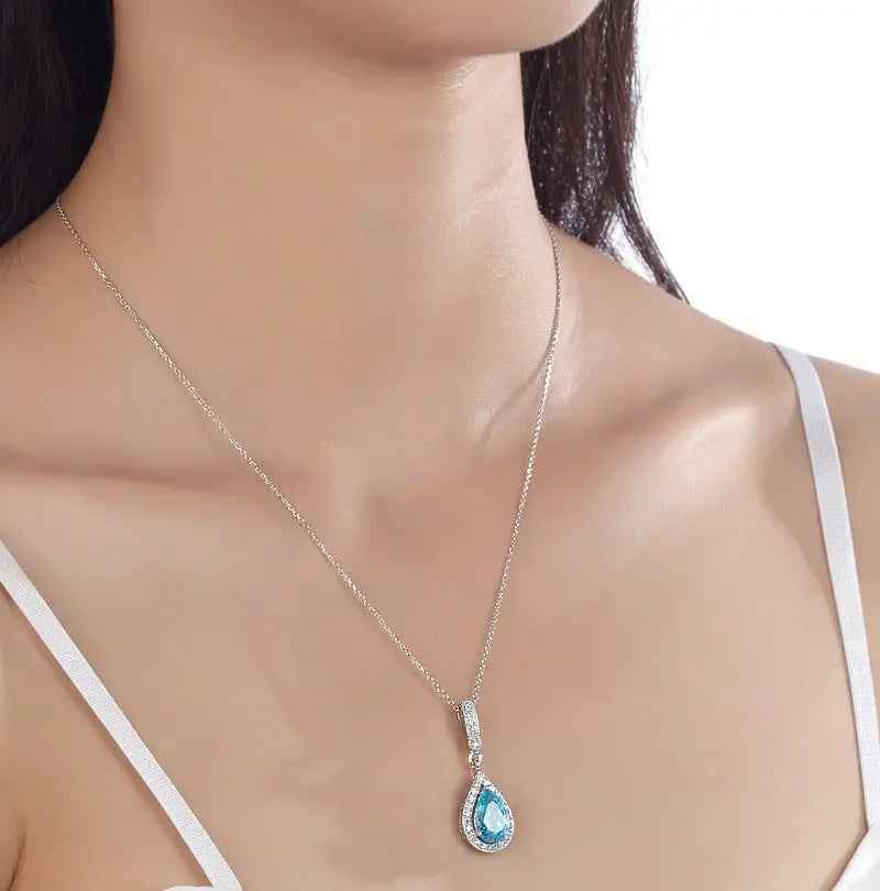Sterling Silver Fashion Bridesmaid Blue Pendant Necklace Bridal Wedding