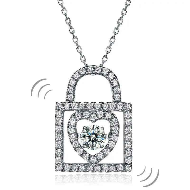 Heart Lock Dancing Stone Pendant Necklace 925 Sterling Silver