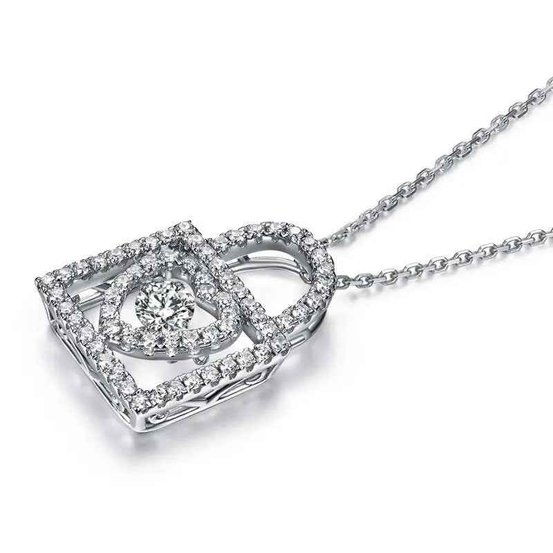 Heart Lock Dancing Stone Pendant Necklace 925 Sterling Silver