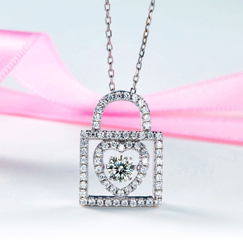 Heart Lock Dancing Stone Pendant Necklace 925 Sterling Silver