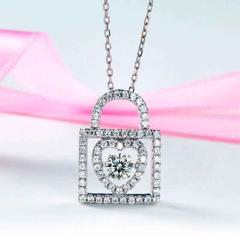 Heart Lock Dancing Stone Pendant Necklace 925 Sterling Silver