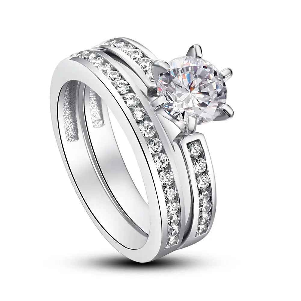 1 Carat Round Cut Created Diamond 925 Sterling Silver 2-Pc Wedding Engagement Ring Set