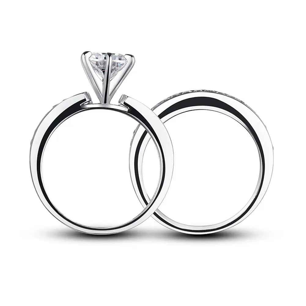 1 Carat Round Cut Created Diamond 925 Sterling Silver 2-Pc Wedding Engagement Ring Set