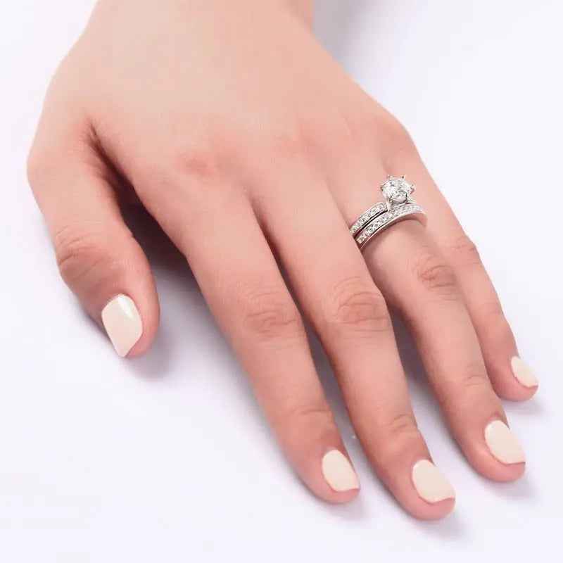1 Carat Round Cut Created Diamond 925 Sterling Silver 2-Pc Wedding Engagement Ring Set