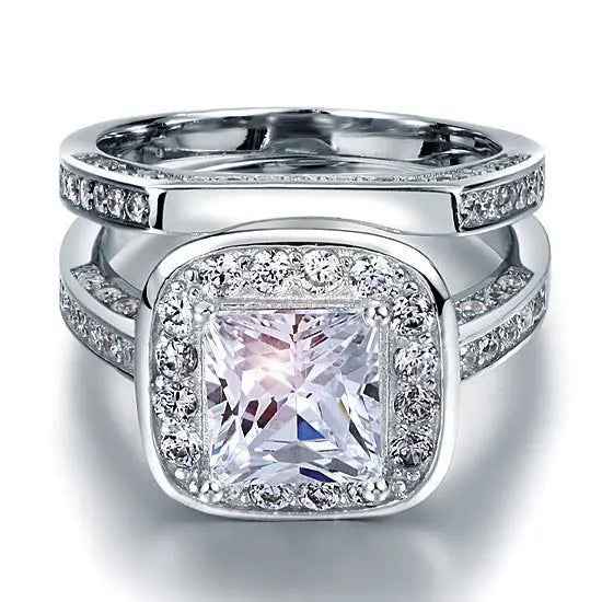 Vintage Style 2 Carat Created Diamond Solid Sterling 925 Silver 2 Pc Bridal Wedding Engagement Ring Set