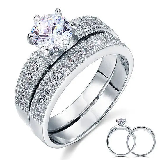 Vintage Style 1.25 Solitaire Created Diamond Solid Sterling 925 Silver 2 Pc Bridal Wedding Engagement Ring Set limanilondon