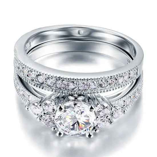 Vintage Style 1 Carat Created Diamond Solid Sterling 925 Silver 2 Pc Wedding Engagement Ring Set
