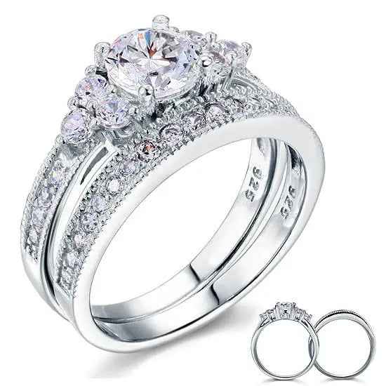 Vintage Style 1 Carat Created Diamond Solid Sterling 925 Silver 2 Pc Wedding Engagement Ring Set