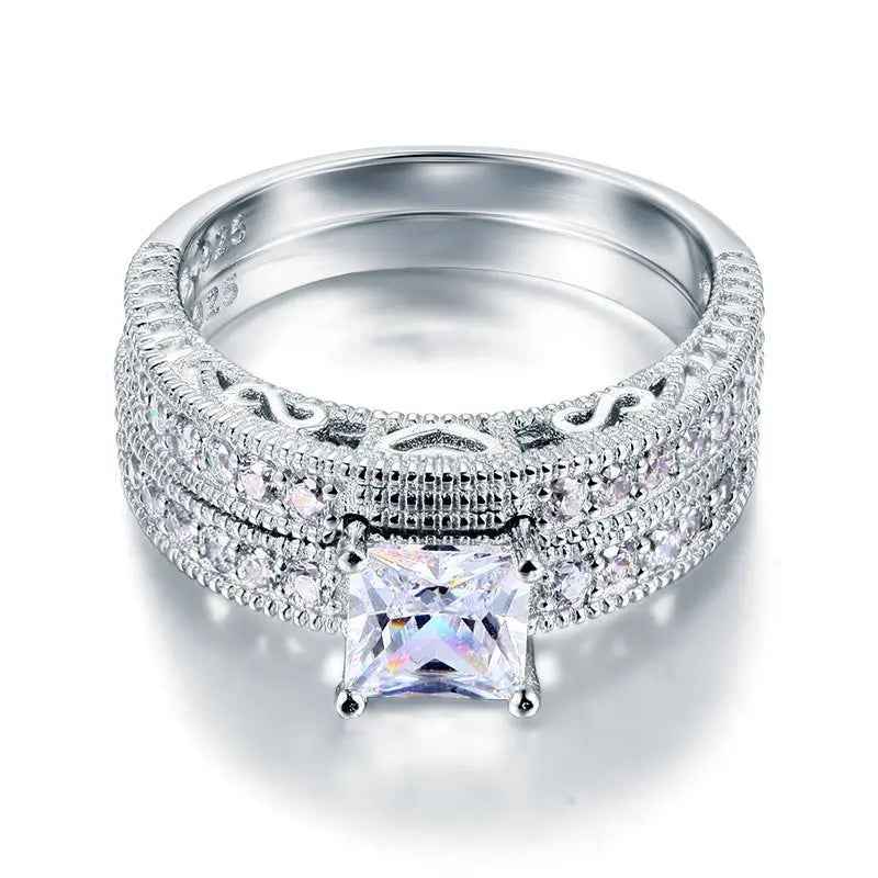 Vintage Style Victorian Art Deco 1 Carat Lab Created Diamond Solid Sterling 925 Silver 2-Pc Wedding Engagement Ring