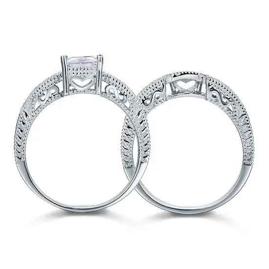 Vintage Style Victorian Art Deco 1 Carat Lab Created Diamond Solid Sterling 925 Silver 2-Pc Wedding Engagement Ring