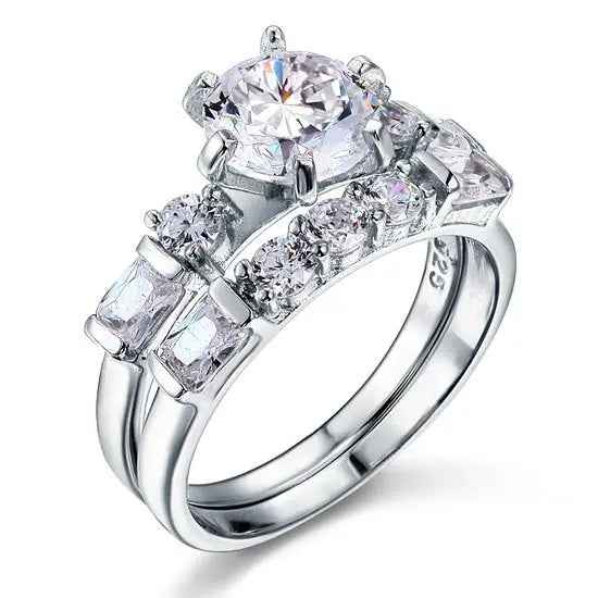 Vintage Style 2 Carat Created Diamond Solid Sterling 925 Silver 2 Pc Wedding Engagement Ring