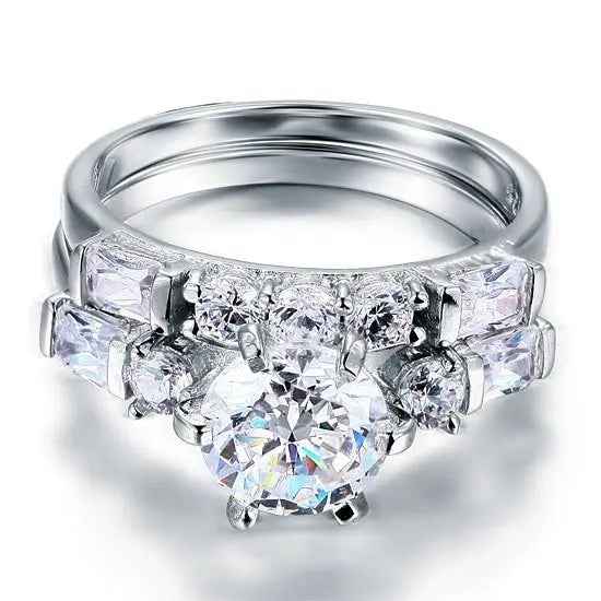 Vintage Style 2 Carat Created Diamond Solid Sterling 925 Silver 2 Pc Wedding Engagement Ring