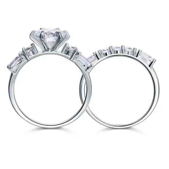Vintage Style 2 Carat Created Diamond Solid Sterling 925 Silver 2 Pc Wedding Engagement Ring