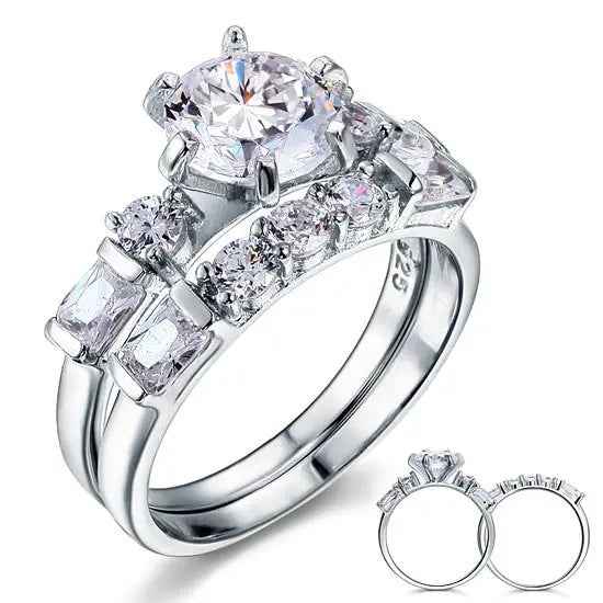 Vintage Style 2 Carat Created Diamond Solid Sterling 925 Silver 2 Pc Wedding Engagement Ring