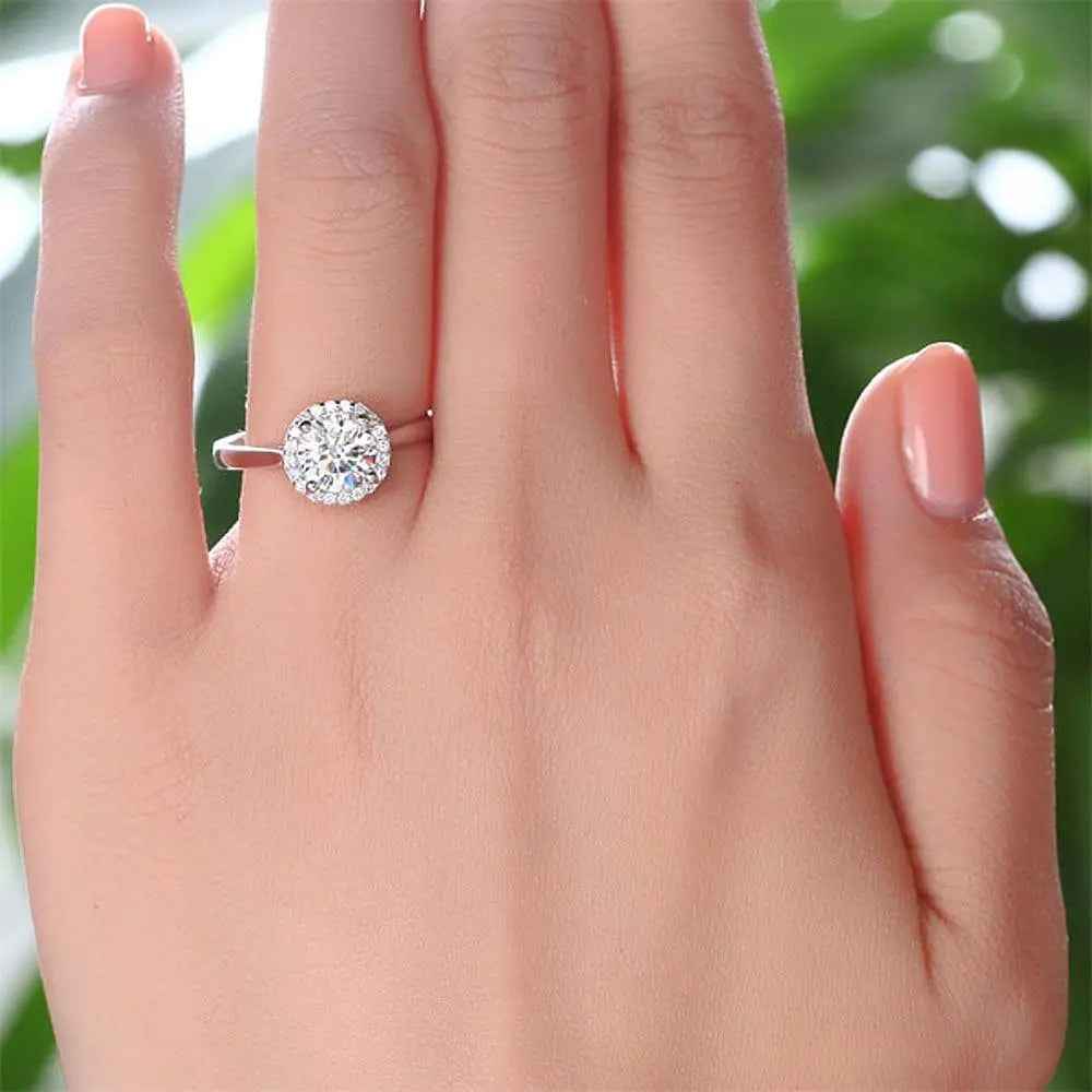 Solid 925 Sterling Silver Created Diamond Wedding Promise Ring Halo - Gift Boxed