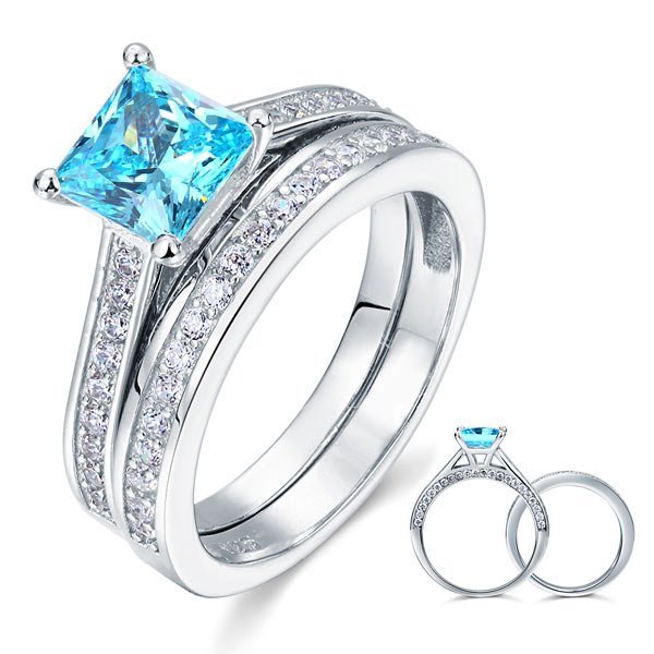 1.5 Carat Princess Cut 2 Pcs Fancy Blue Created Diamond 925 Sterling Silver Wedding Engagement Ring Set