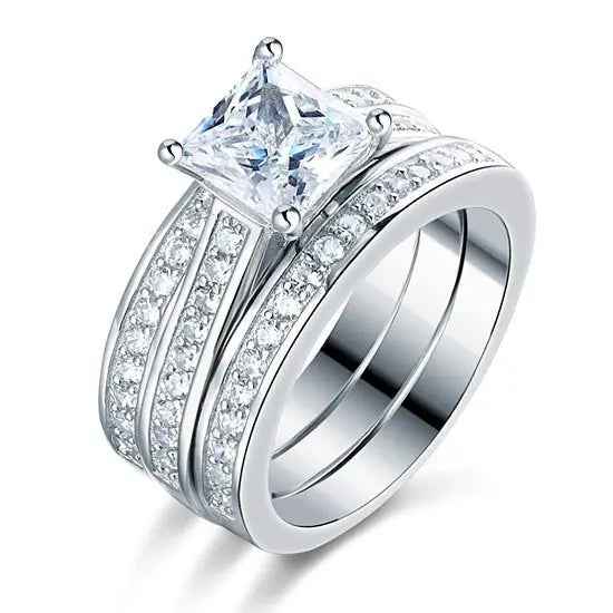 Sterling Silver 3 Pcs Wedding Engagement Ring Set Created Diamond