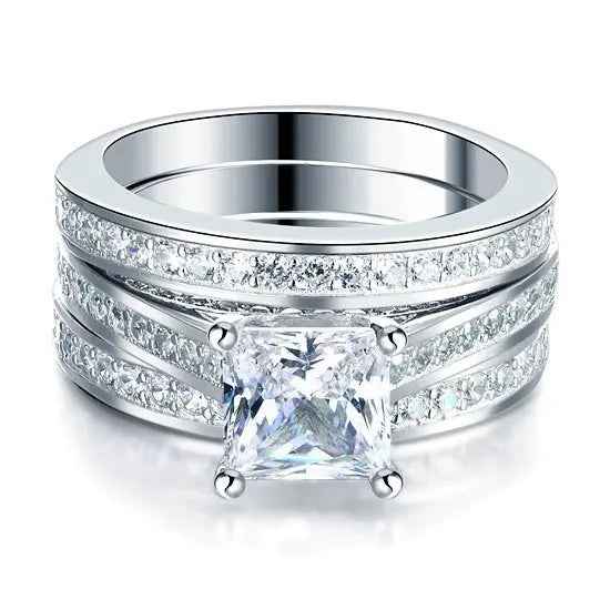 Sterling Silver 3 Pcs Wedding Engagement Ring Set Created Diamond