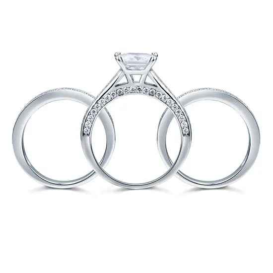 Sterling Silver 3 Pcs Wedding Engagement Ring Set Created Diamond