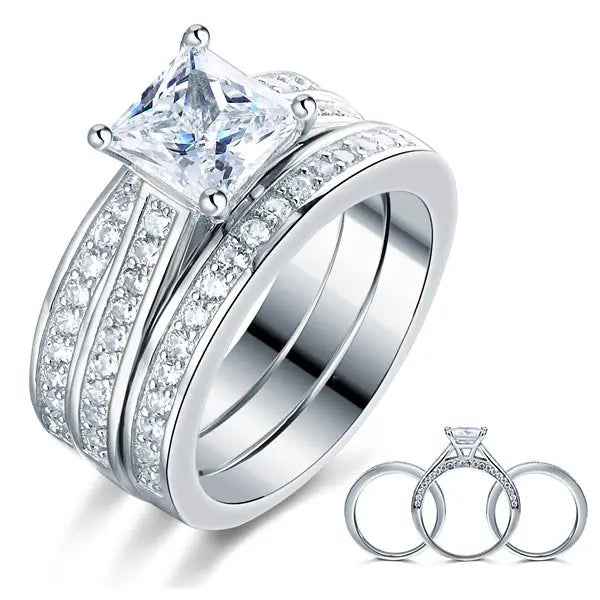 Sterling Silver 3 Pcs Wedding Engagement Ring Set Created Diamond