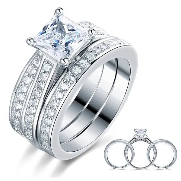 Sterling Silver 3 Pcs Wedding Engagement Ring Set Created Diamond limanilondon