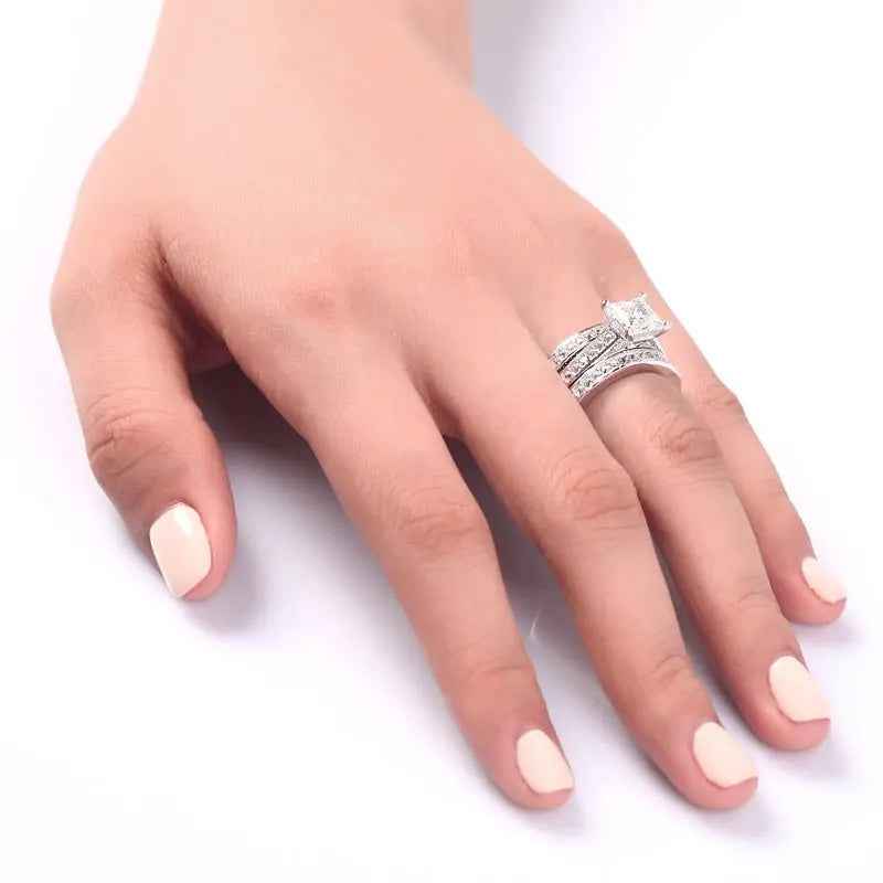 Sterling Silver 3 Pcs Wedding Engagement Ring Set Created Diamond