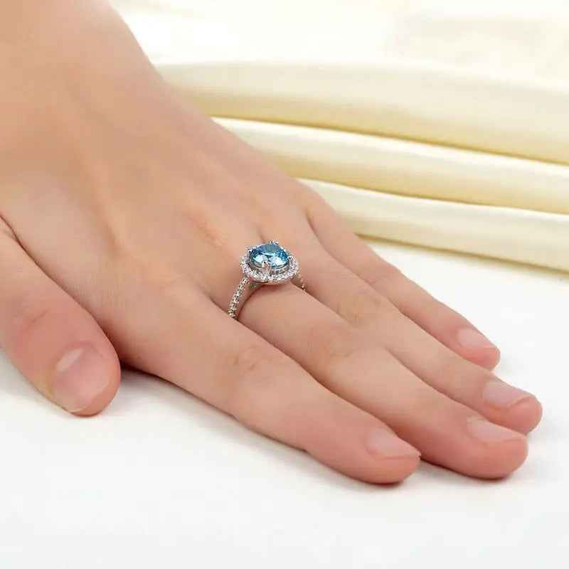 Sterling Silver Wedding Engagement Halo Ring 2 Carat Fancy Blue Created Diamond