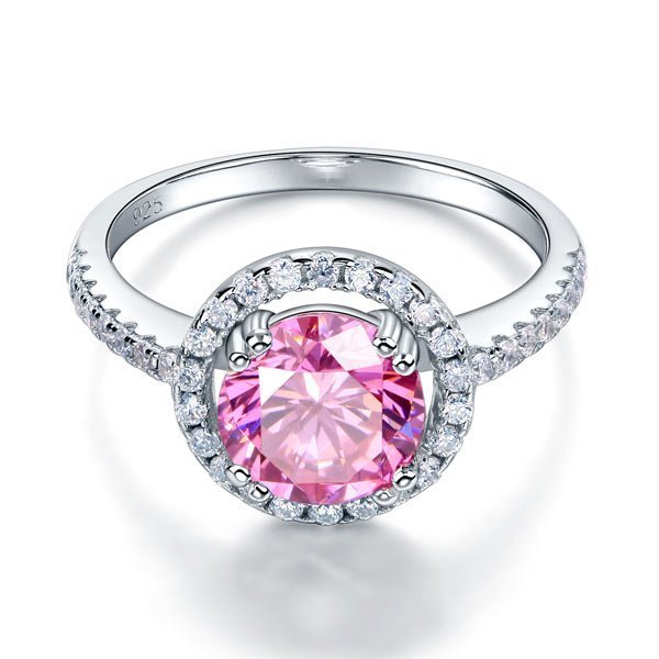 Sterling Silver Wedding Engagement Halo Ring 2 Carat Fancy Pink Created Diamond