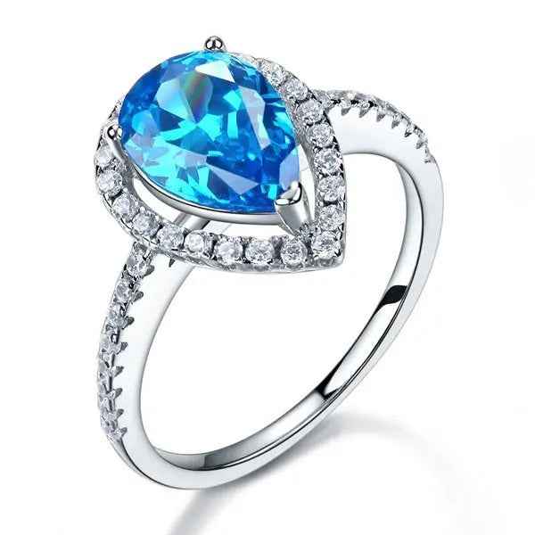 Sterling 925 Silver Wedding Engagement Ring Pear Blue Simulated Diamond Jewellery