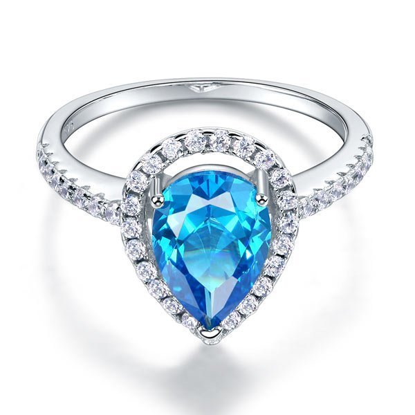 Sterling 925 Silver Wedding Engagement Ring Pear Blue Created Diamond Jewellery