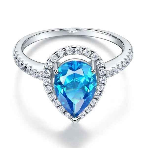Sterling 925 Silver Wedding Engagement Ring Pear Blue Simulated Diamond Jewellery