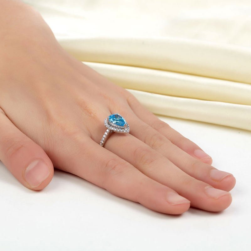 Sterling 925 Silver Wedding Engagement Ring Pear Blue Created Diamond Jewellery