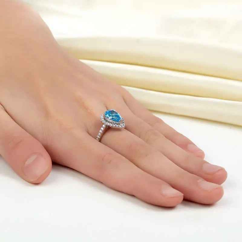 Sterling 925 Silver Wedding Engagement Ring Pear Blue Simulated Diamond Jewellery