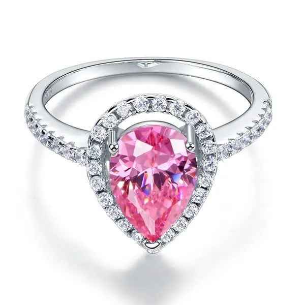 Sterling 925 Silver Wedding Engagement Ring Pear Fancy Pink Simulated Diamond Jewellery