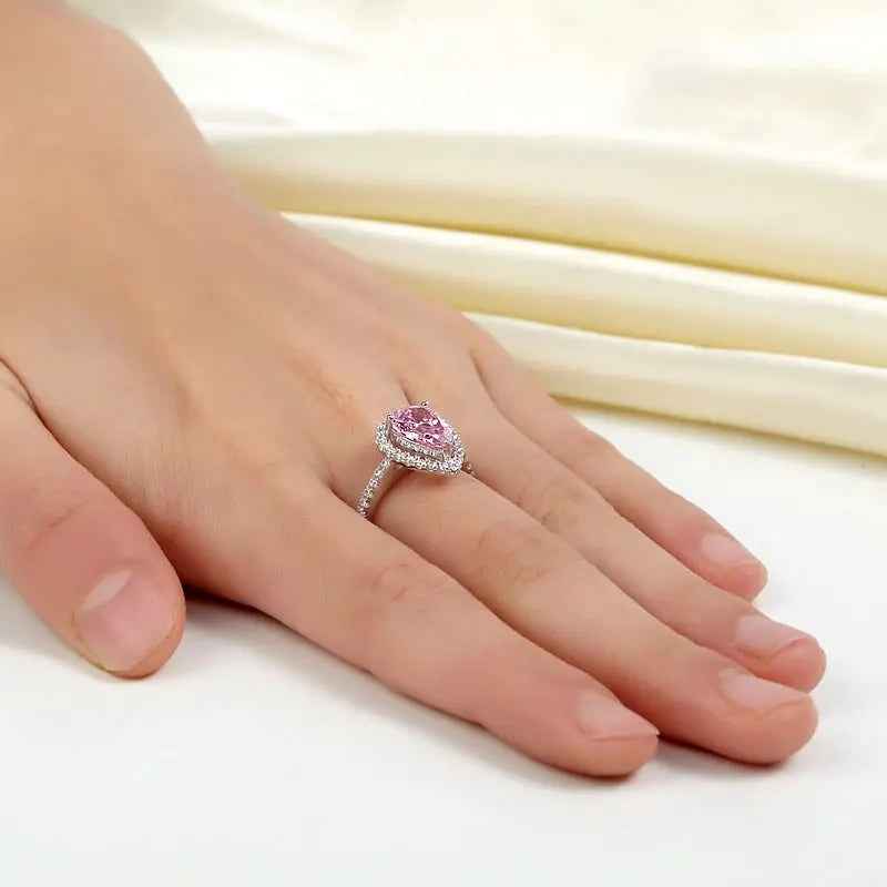 Sterling 925 Silver Wedding Engagement Ring Pear Fancy Pink Simulated Diamond Jewellery
