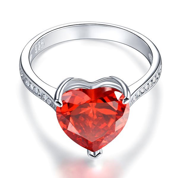 Sterling Silver Bridal Ring 3.5 Carat Heart Ruby Red Created Diamond
