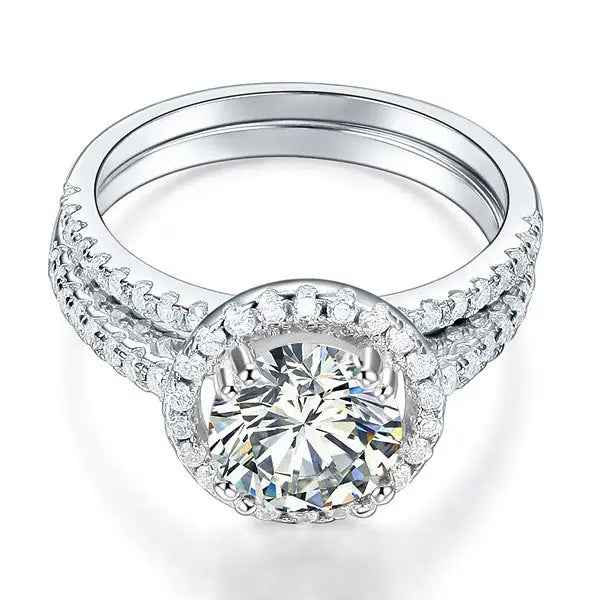Sterling Silver Wedding Halo Ring Set 2 Carat Created Diamond