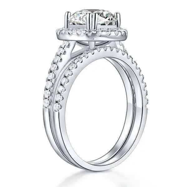 Sterling Silver Wedding Halo Ring Set 2 Carat Created Diamond