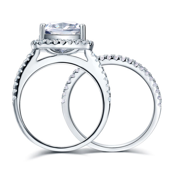 Sterling Silver Wedding Halo Ring Set 2 Carat Created Diamond