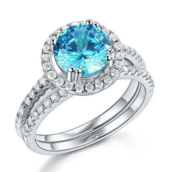 Sterling Silver Wedding Engagement Halo Ring Set 2 Carat Blue Created Diamond