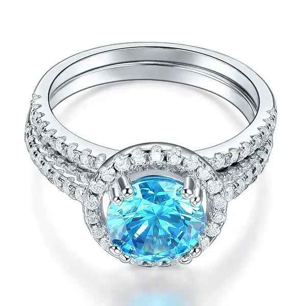 Sterling Silver Wedding Engagement Halo Ring Set 2 Carat Blue Created Diamond