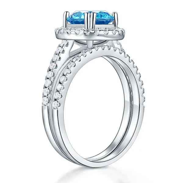 Sterling Silver Wedding Engagement Halo Ring Set 2 Carat Blue Created Diamond