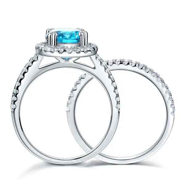 Sterling Silver Wedding Engagement Halo Ring Set 2 Carat Blue Created Diamond