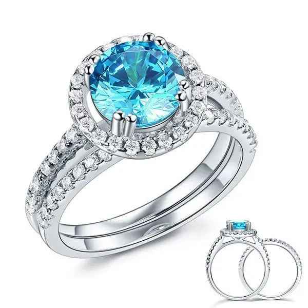 Sterling Silver Wedding Engagement Halo Ring Set 2 Carat Blue Created Diamond