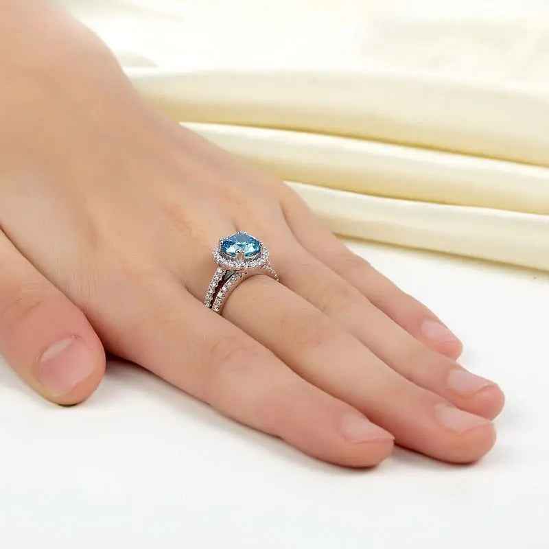 Sterling Silver Wedding Engagement Halo Ring Set 2 Carat Blue Created Diamond