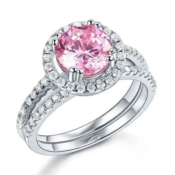 Sterling Silver Wedding Engagement Halo Ring Set 2 Carat Pink Simulated Diamond Wedding Jewellery