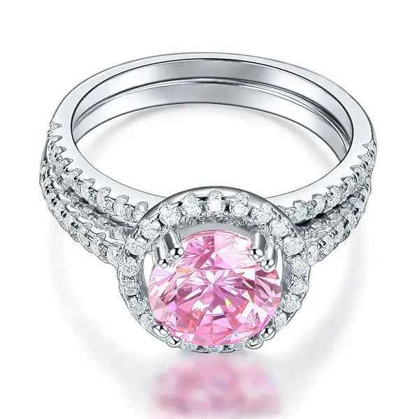 Sterling Silver Wedding Engagement Halo Ring Set 2 Carat Pink Simulated Diamond Wedding Jewellery