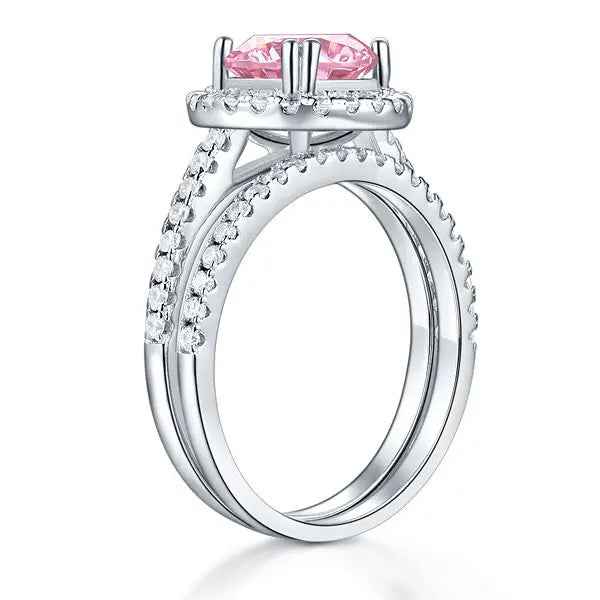 Sterling Silver Wedding Engagement Halo Ring Set 2 Carat Pink Simulated Diamond Wedding Jewellery