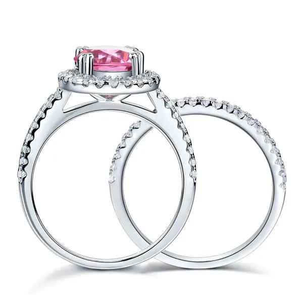 Sterling Silver Wedding Engagement Halo Ring Set 2 Carat Pink Simulated Diamond Wedding Jewellery